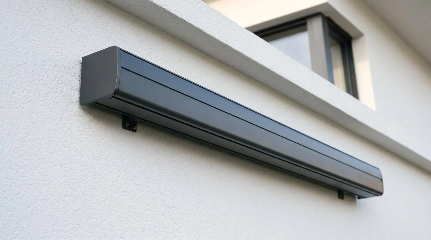 Detalle del cassette cerrado de un toldo eléctrico moderno con motor integrado y lona enrollada