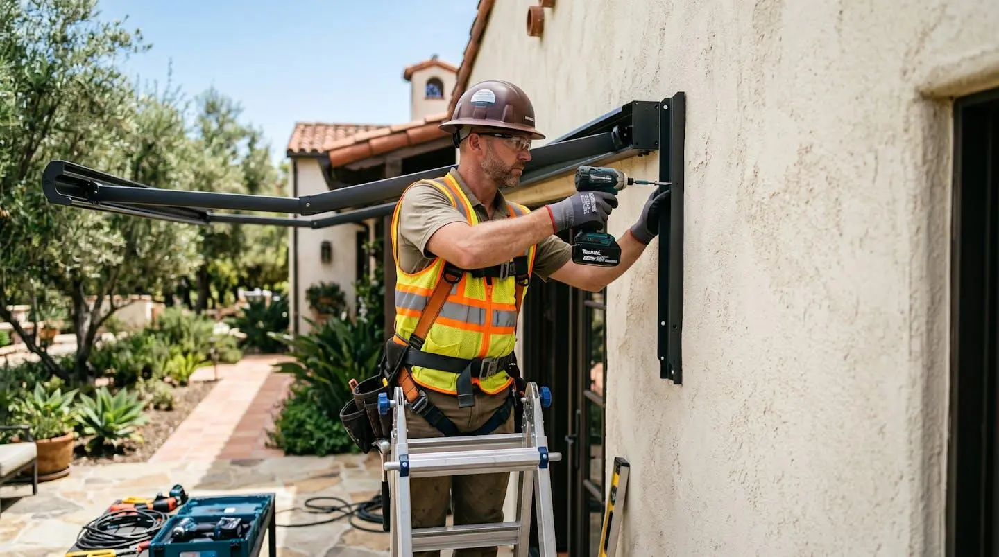 Instalador profesional fijando el perfil de anclaje de un toldo eléctrico en la fachada exterior de una vivienda
